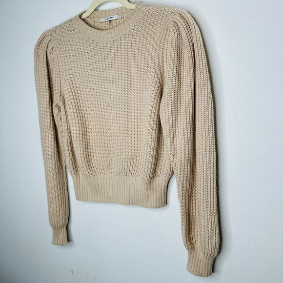Frame Tan Ribbed Cable Knit Crew Neck Balloon Puff-Sleeve Banded Crop Sweater XS - Picture 4 of 12